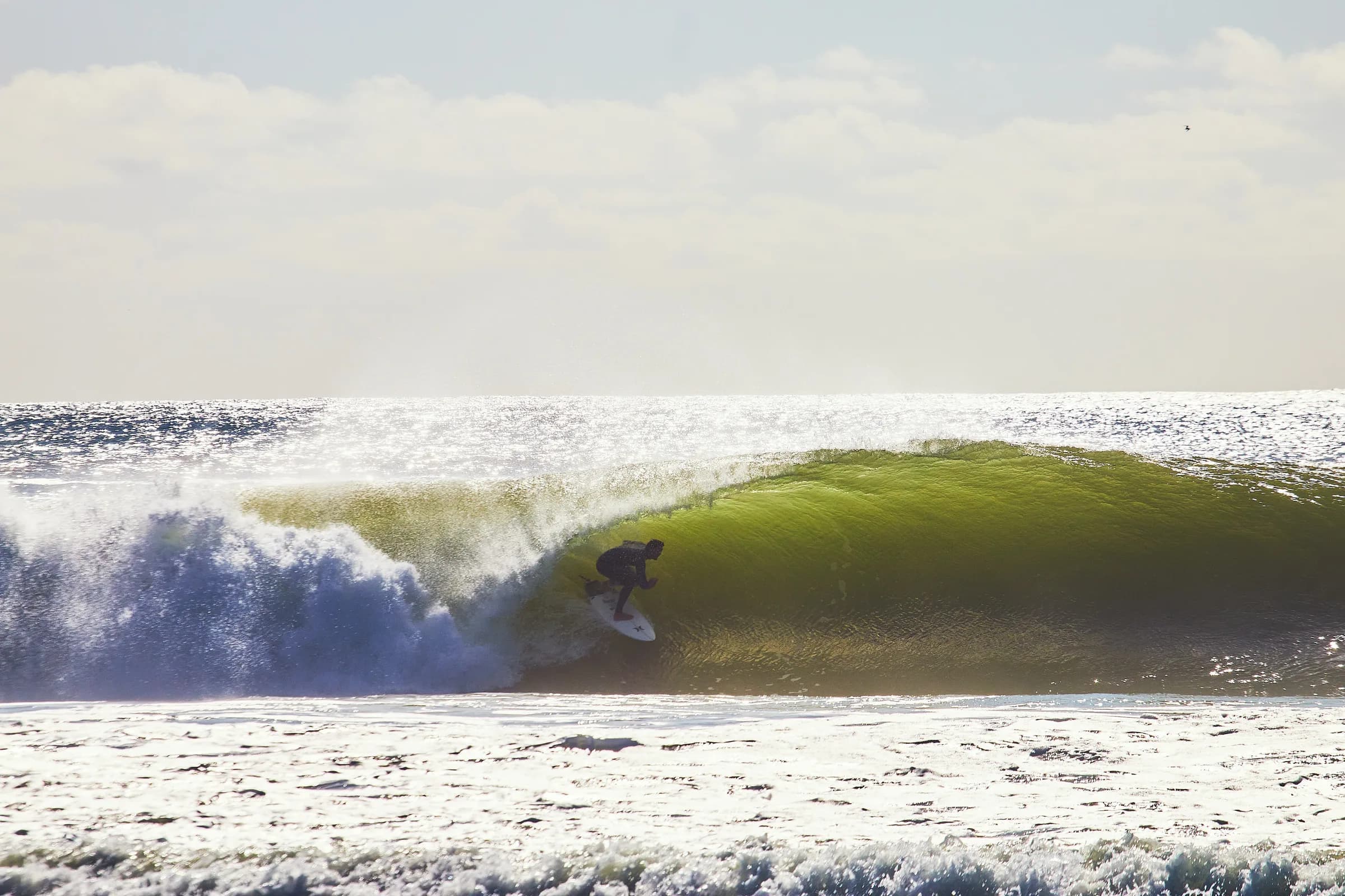 Surfista en un tubo de ola verde a contraluz